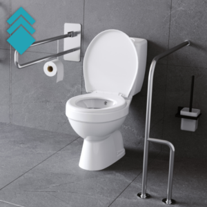 White toilet with open lid, front safety rail and wall grab bars in a grey-tiled bathroom (accessible setup)