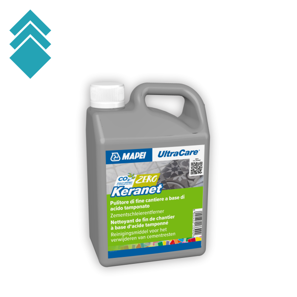 Keranet 1kg nGL Grey plastic jug of MAPEI UltraCare Keranet cement cleaner with white screw cap and built-in handle; label reads 'Keranet' and 'ZERO' with green and blue design hints at a construction product