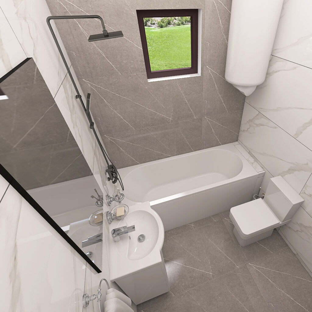 Modern bathroom with gray marble walls, a white bathtub, wall-mounted rain shower, and a small sink and toilet; window shows a green lawn outside.