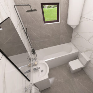 Modern bathroom with gray marble walls, a white bathtub, wall-mounted rain shower, and a small sink and toilet; window shows a green lawn outside.