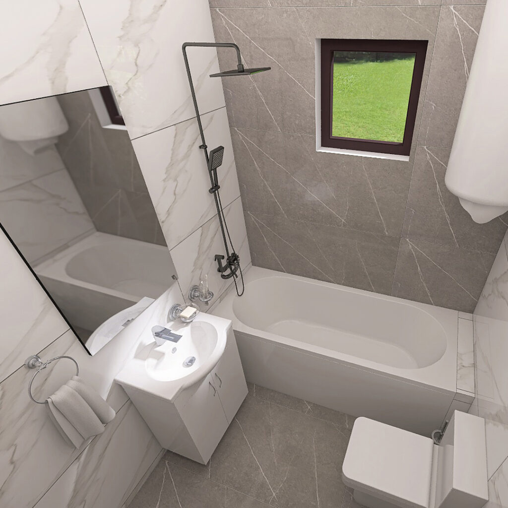 Modern bathroom with a white tub and a rainfall shower, grey and marble tiles, a small window showing green grass outside, and a wall-mounted sink with mirror.