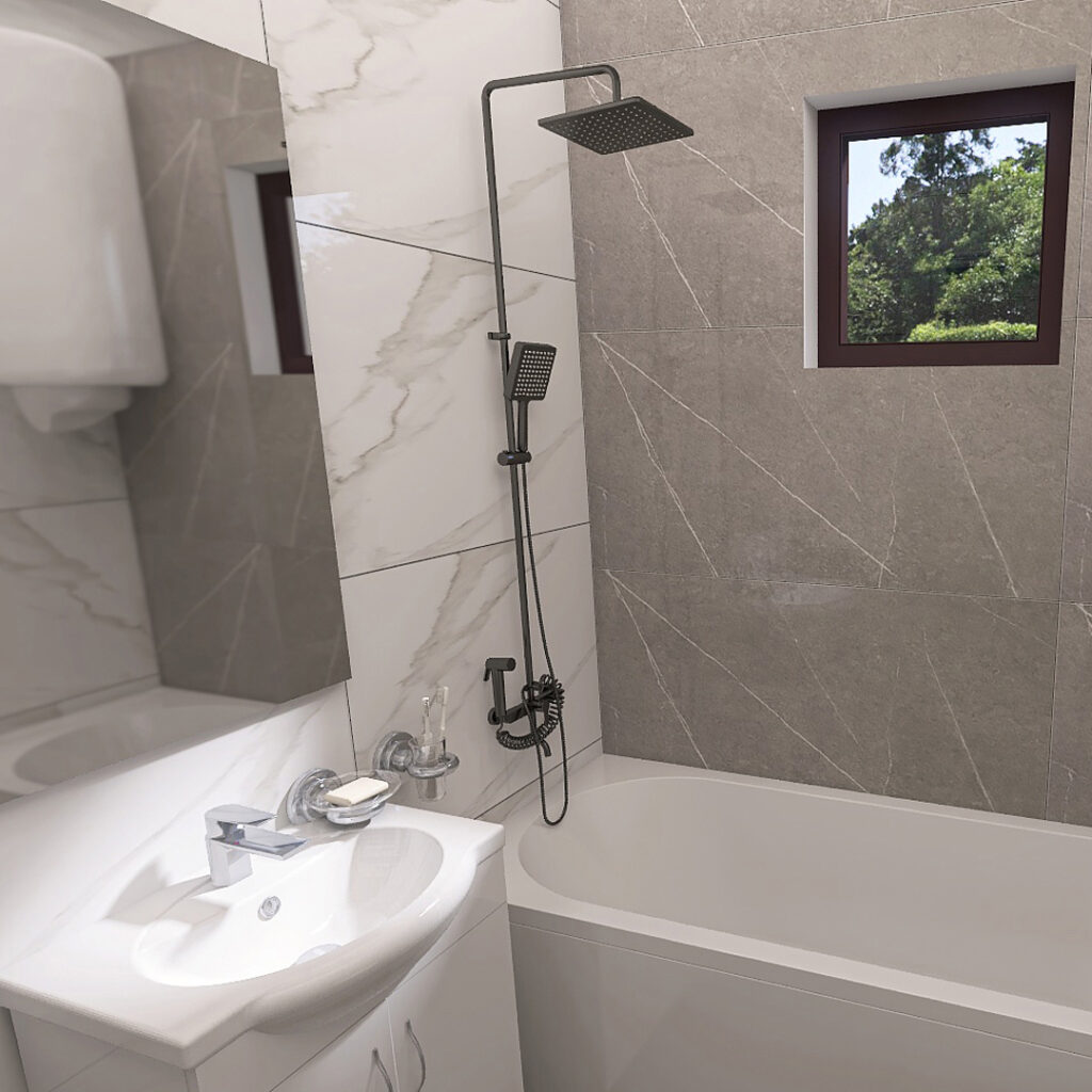 Modern bathroom with white sink and chrome faucet, a white tub, and a black metal rainfall shower system; gray veined tiles and a small window showing greenery.