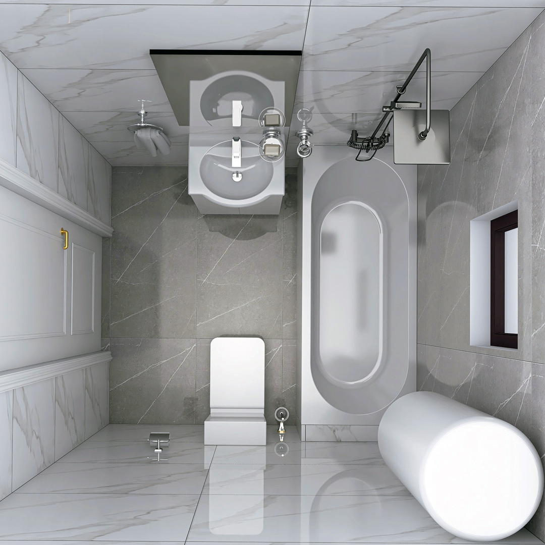Modern white bathroom with a freestanding tub, wall-mounted sink, toilet, and marble tiles on floor and walls.