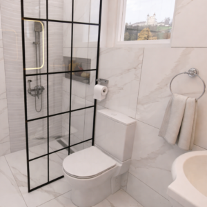 Modern bathroom with a black-grid glass shower enclosure beside a white toilet and towel ring, marble tiles.