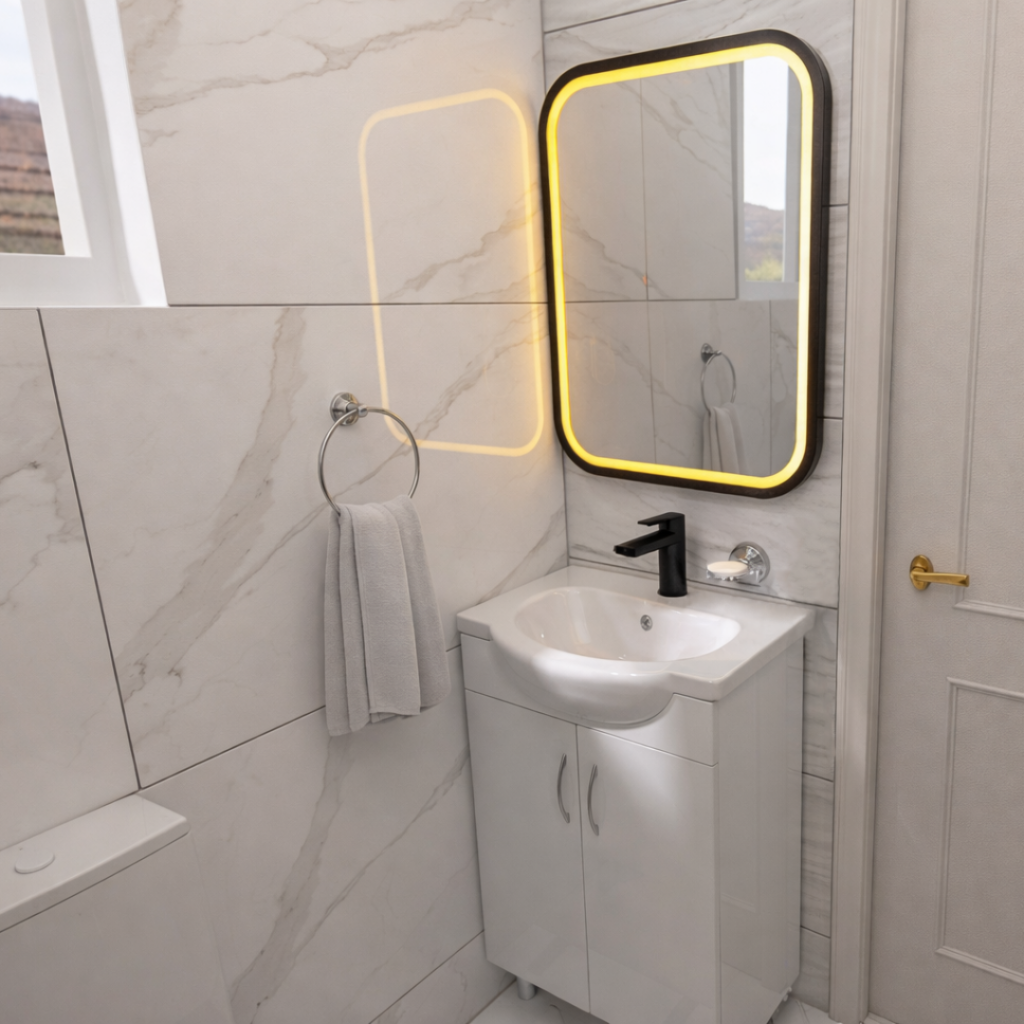 Modern bathroom sink with a white cabinet, black faucet, and backlit rectangular mirror.