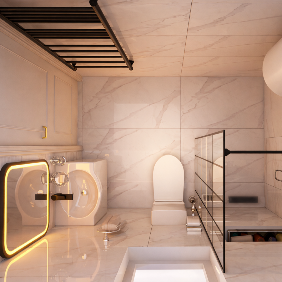 Modern marble bathroom with a double sink, backlit rectangular mirror, and a toilet beside a glass partition.