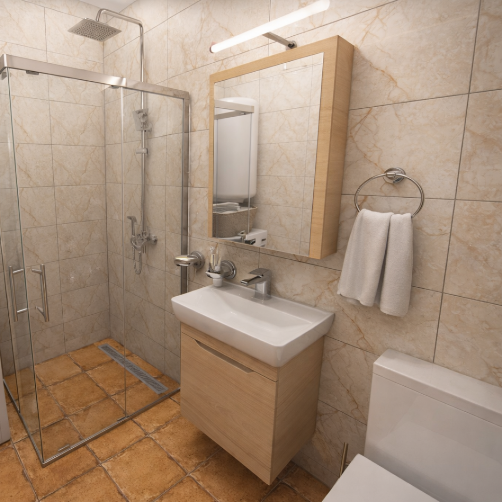 Modern bathroom with glass shower enclosure, rainfall showerhead, and beige tile walls; wall mirror above a wooden vanity with sink and towel ring nearby.