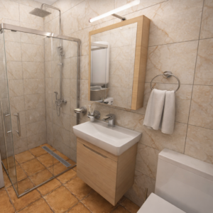 Modern bathroom with glass shower enclosure, rainfall showerhead, and beige tile walls; wall mirror above a wooden vanity with sink and towel ring nearby.