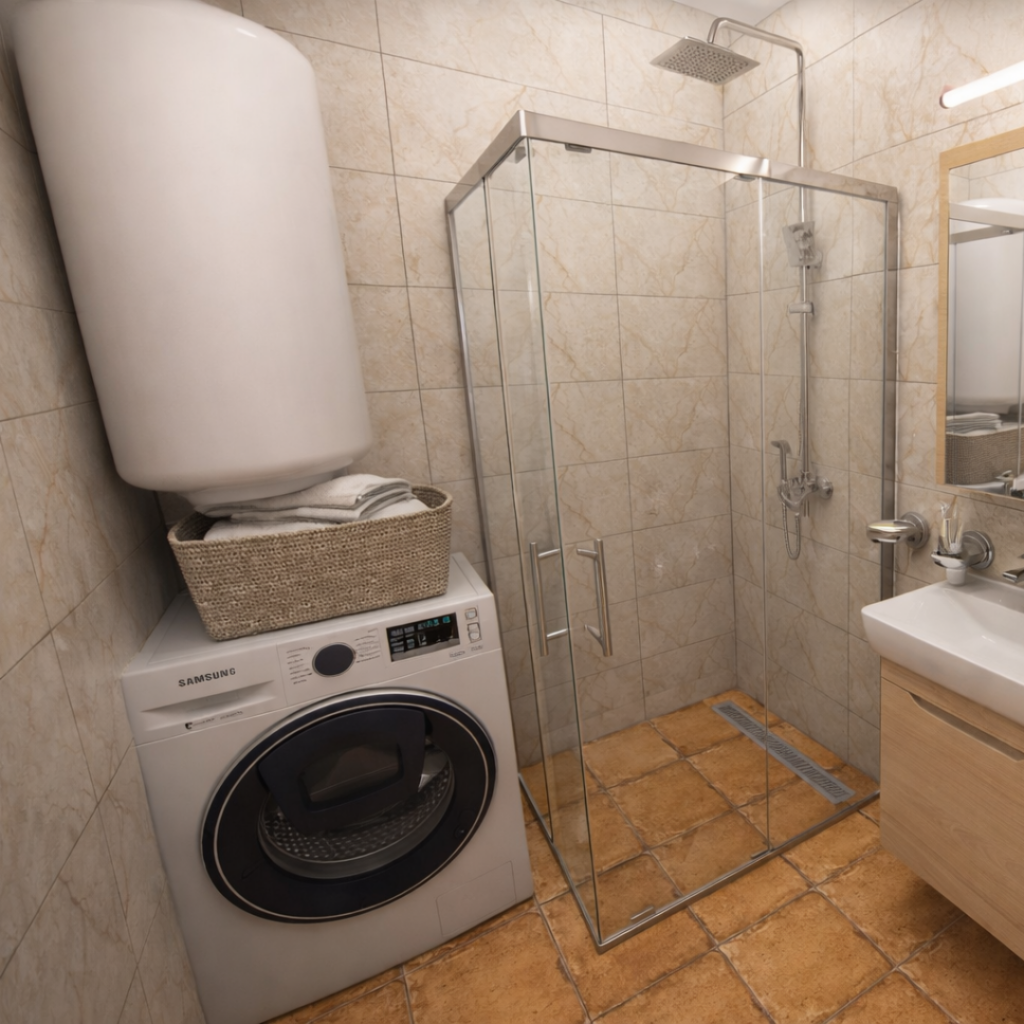 Compact bathroom with a front-loading Samsung washer under a large white water heater and a woven basket of towels on top.