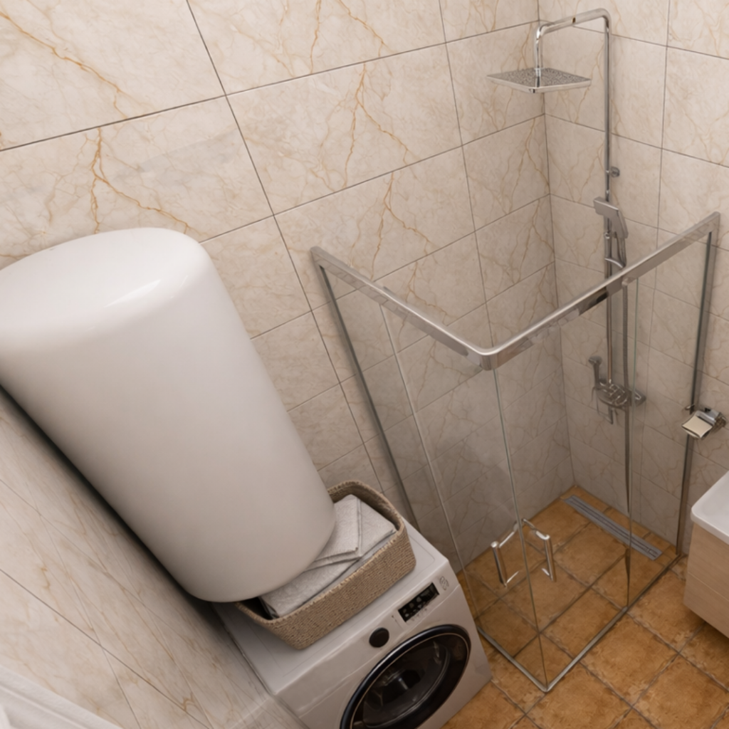 Bathroom with a front-loading washing machine topped by a basket of towels, next to a glass-walled shower with a rainfall showerhead.