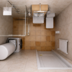 Top-down view of a small bathroom showing a toilet, washing machine, sink with vanity, shower with glass panel, and a wall radiator.
