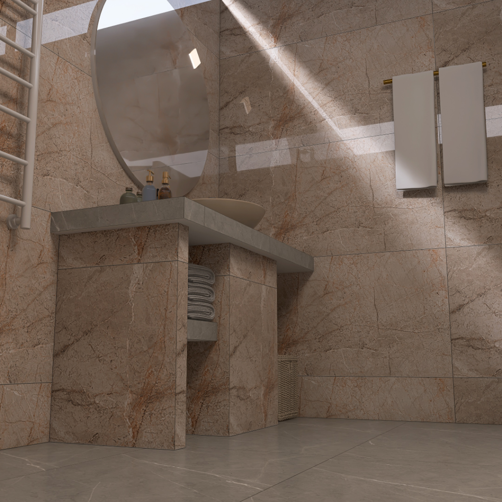 Marble bathroom with a circular wall mirror above a stone vanity; soap dispensers on the counter and a stack of towels beneath.