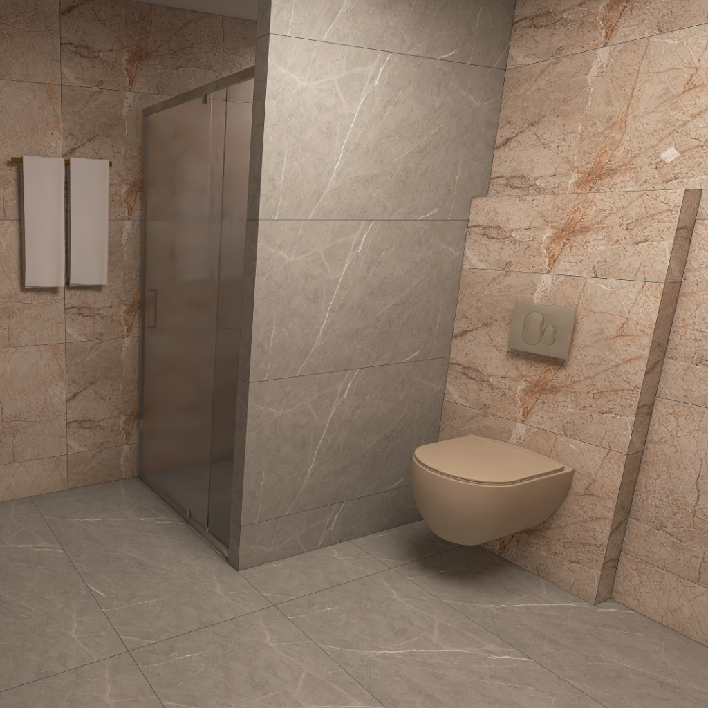 Modern bathroom with a wall-mounted toilet and dual-flush plate, next to a glass-enclosed shower and beige marble walls.