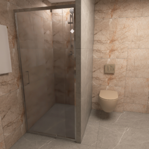 Modern bathroom with a glass-enclosed shower and wall-mounted toilet, beige marble walls and gray tiled floor.