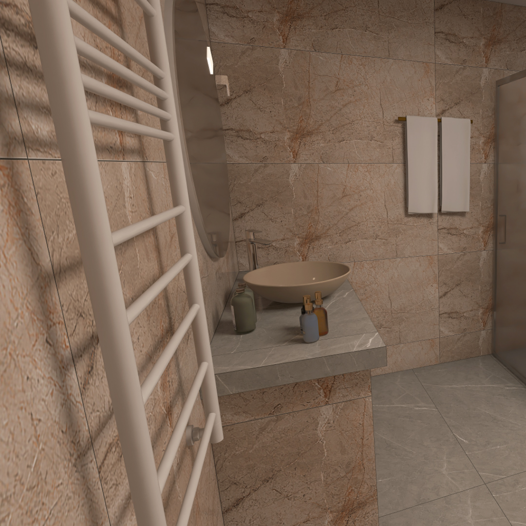 Marble-tiled bathroom with a white towel radiator, a gray countertop sink, and two folded towels on the wall near a glass shower door.