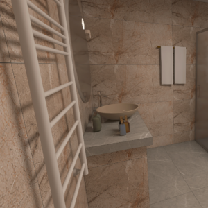 Marble-tiled bathroom with a white towel radiator, a gray countertop sink, and two folded towels on the wall near a glass shower door.