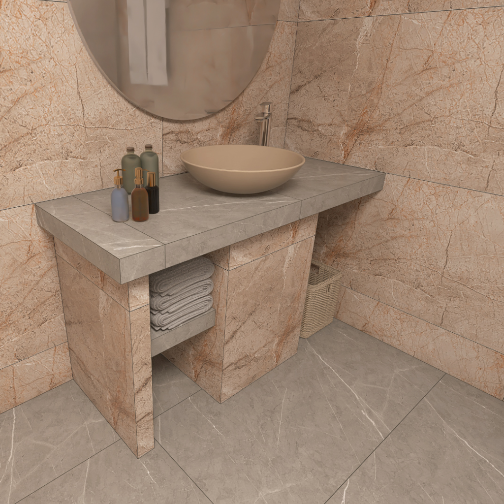 Beige marble bathroom vanity with a round beige vessel sink, faucet, and bottles on the counter; towels stored below.