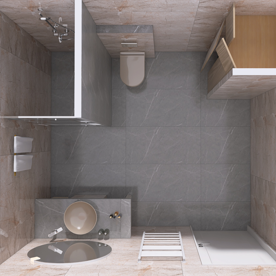 Top-down view of a modern bathroom showing a toilet, sink with round basin, mirror, towel rack, shower enclosure, and wooden cabinet along tiled gray floors and walls.