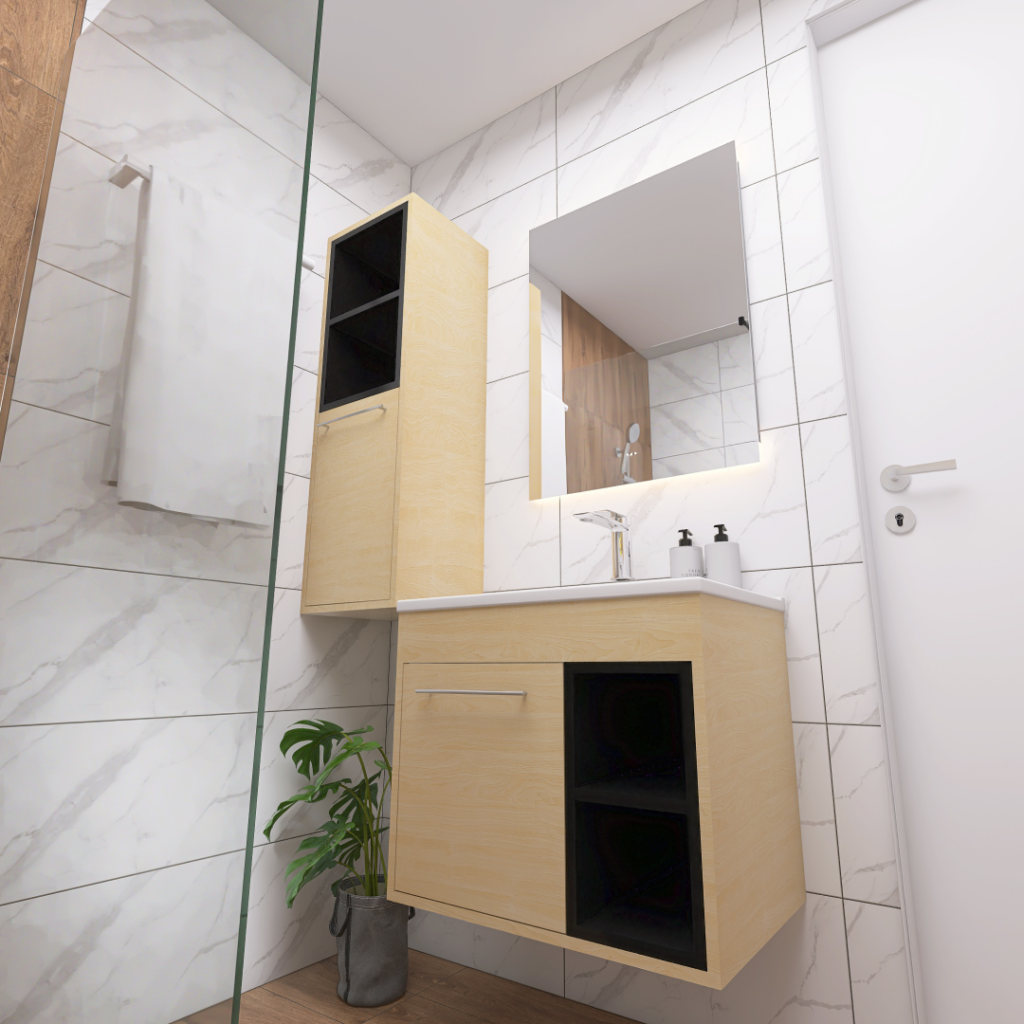 Modern bathroom with a light wood floating vanity, tall wall cabinet, backlit mirror, and a potted plant by the floor lamped corner.