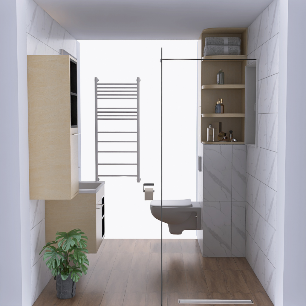 Modern bathroom with wall-mounted toilet, floating sink, wood cabinetry, towel rack, open shelves, and a potted plant.