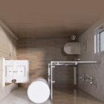 Top-down view of a modern bathroom with a double-sink vanity, a round toilet, a glass shower enclosure, beige tiled walls, and wood-look flooring. A window sits on the right.