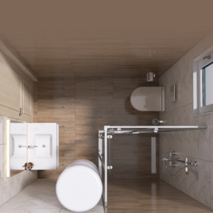Top-down view of a modern bathroom with a double-sink vanity, a round toilet, a glass shower enclosure, beige tiled walls, and wood-look flooring. A window sits on the right.