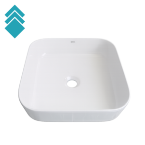 White square ceramic bathroom sink with rounded edges and a central drain hole, shown against a plain background. A teal diamond logo is in the top-left corner.