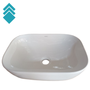 White oval ceramic sink basin with a central round drain hole and rounded edges, logo in the top-left corner.