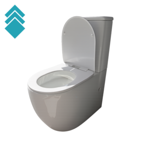 Modern white toilet with lid open, viewed from front-left with a turquoise logo in the top-left corner.