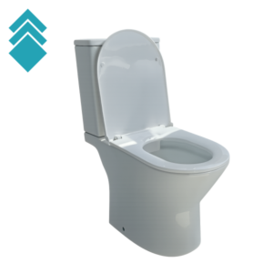 White ceramic toilet with lid raised, viewed from the side.