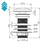 Side view of a pop-up sink drain assembly with a threaded shaft; shows overall height 125 mm and diameter steps from Ø60 to Ø70 at various sections.