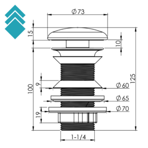 Side view of a pop-up sink drain assembly with a threaded shaft; shows overall height 125 mm and diameter steps from Ø60 to Ø70 at various sections.