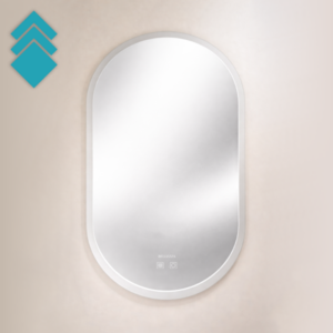 Oval wall mirror with a white frame mounted on a beige wall.