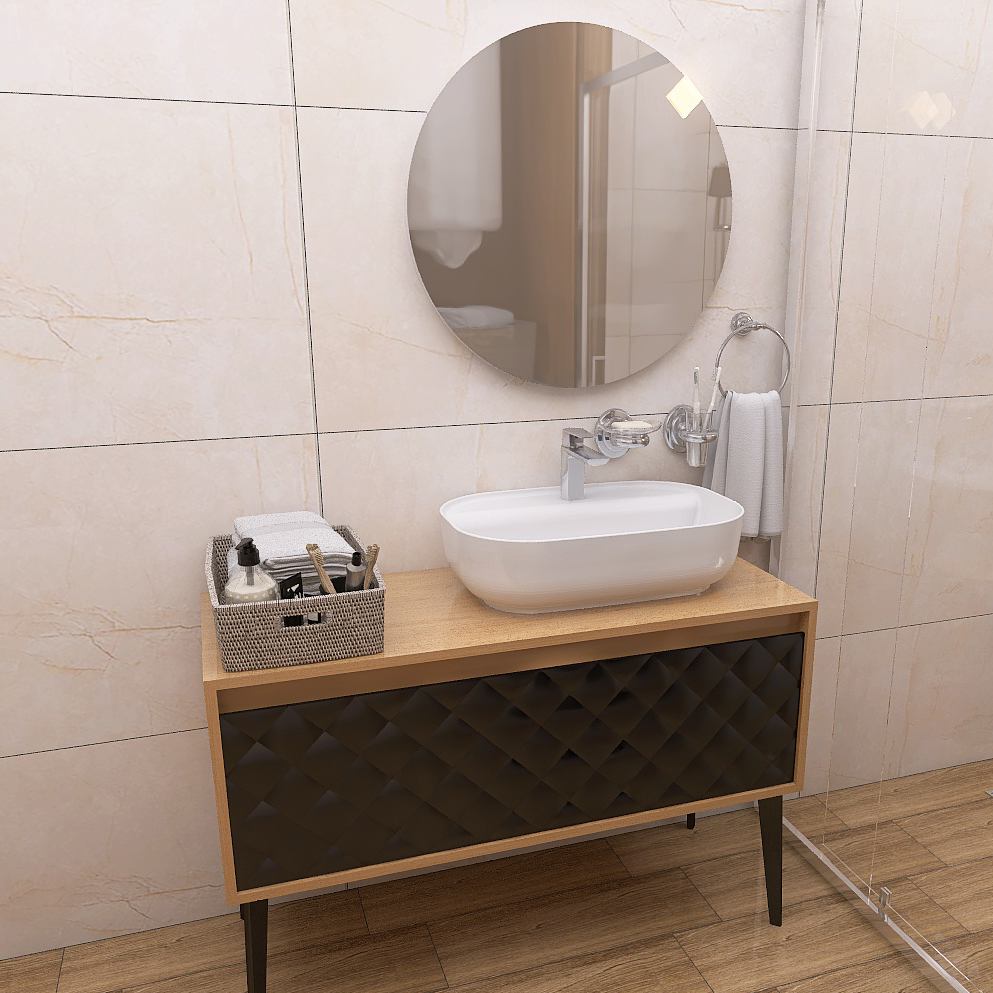 Modern bathroom vanity with round mirror, white vessel sink, and woven toiletry basket on a wooden cabinet.