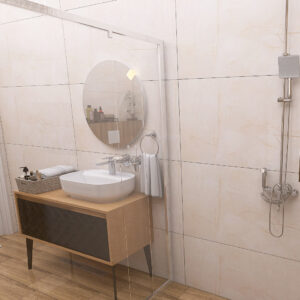 Contemporary bathroom vanity with round mirror, white vessel sink, and glass shower door on the left.