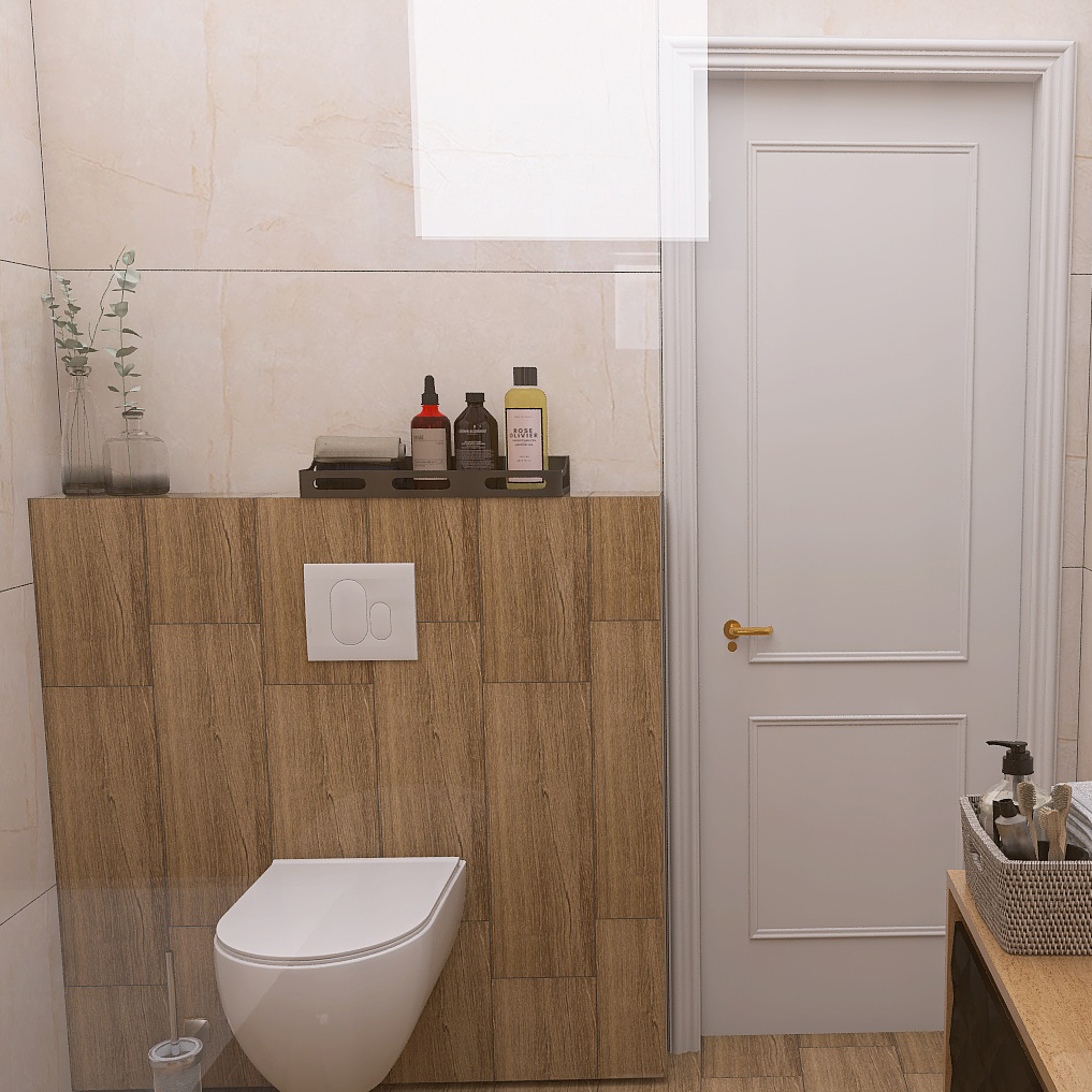 Modern bathroom with a wall-hung toilet on wood-tiled wall, white flush plate, and a tray of bottles on the counter beside a closed white door.