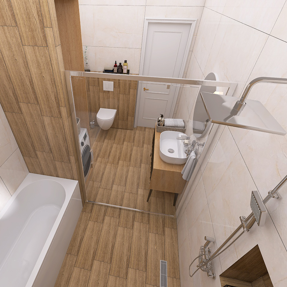 Top-down view of a modern bathroom with a bathtub, washing machine, glass shower, and wooden-flooring.