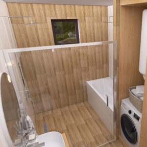 Modern bathroom with wood-look tiles, glass shower enclosure, and white tub; includes a front-loading washing machine nearby in a compact layout.