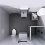 Top-down view of a modern bathroom with toilet, sink, washing machine with a laundry basket, and a shower. Room is tiled in gray.