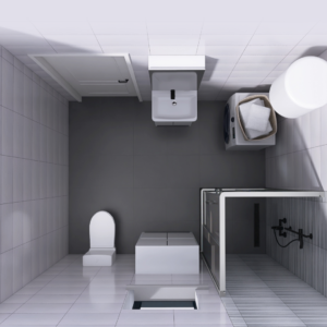 Top-down view of a modern bathroom with toilet, sink, washing machine with a laundry basket, and a shower. Room is tiled in gray.
