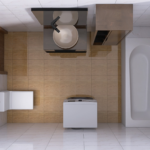 Top-down view of a bathroom showing a sink with faucet, vanity, washing machine, toilet, and bathtub along tiled floors and walls.