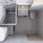 Overhead view of a compact bathroom: washing machine by a bathtub with a glass shower screen, a small sink, and a toilet, with colorful patterned tiles on the wall and floor