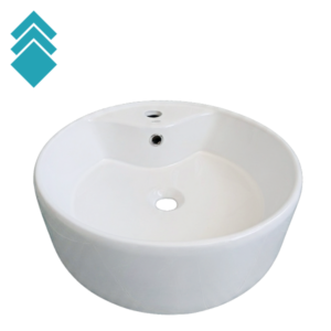 Round white circular ceramic bathroom sink with an overflow hole and central drain, shown with a clean lines design.