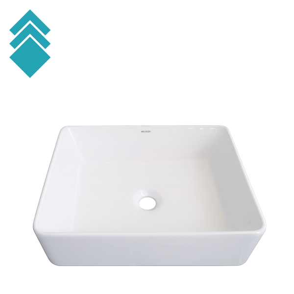 White rectangular bathroom sink with a central round drain hole (view from above).