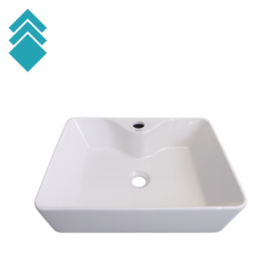 White rectangular ceramic bathroom sink with a curved interior and central drain hole on a white background, logo in top-left corner (teal diamonds).