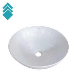 White round porcelain vessel sink with a central drain on a white background, teal stacked-diamond logo in the top-left corner.