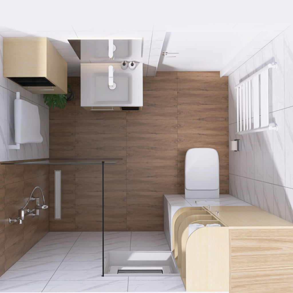 Top-down view of a modern bathroom with wood-look floor, white sink and vanity, toilet, glass shower enclosure, and a wall-mounted radiator.