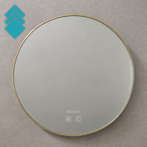 Decorative round wall mirror with a gold rim on a textured beige wall; BELLEZZA branding near the bottom with two small icons beneath it, plus turquoise geometric shapes in the top-left corner.
