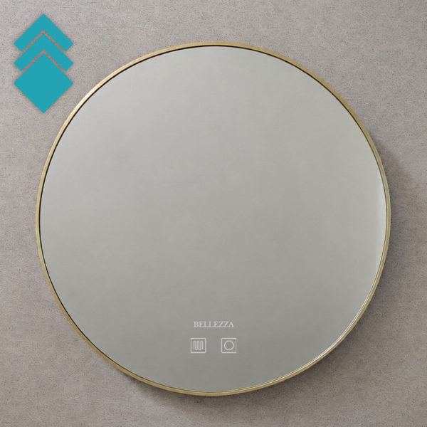 Decorative round wall mirror with a gold rim on a textured beige wall; BELLEZZA branding near the bottom with two small icons beneath it, plus turquoise geometric shapes in the top-left corner.