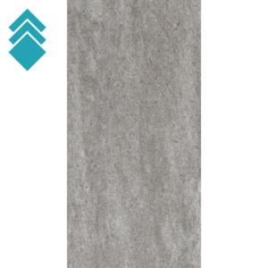 Grey textured vertical concrete panel with a teal stacked-diamond logo on the left edge.